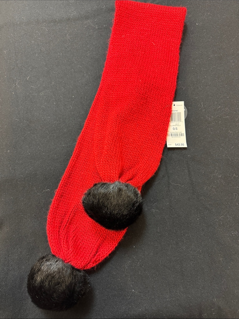 Style & Co. Red Knit Scarf with Black Fur Pom-Poms